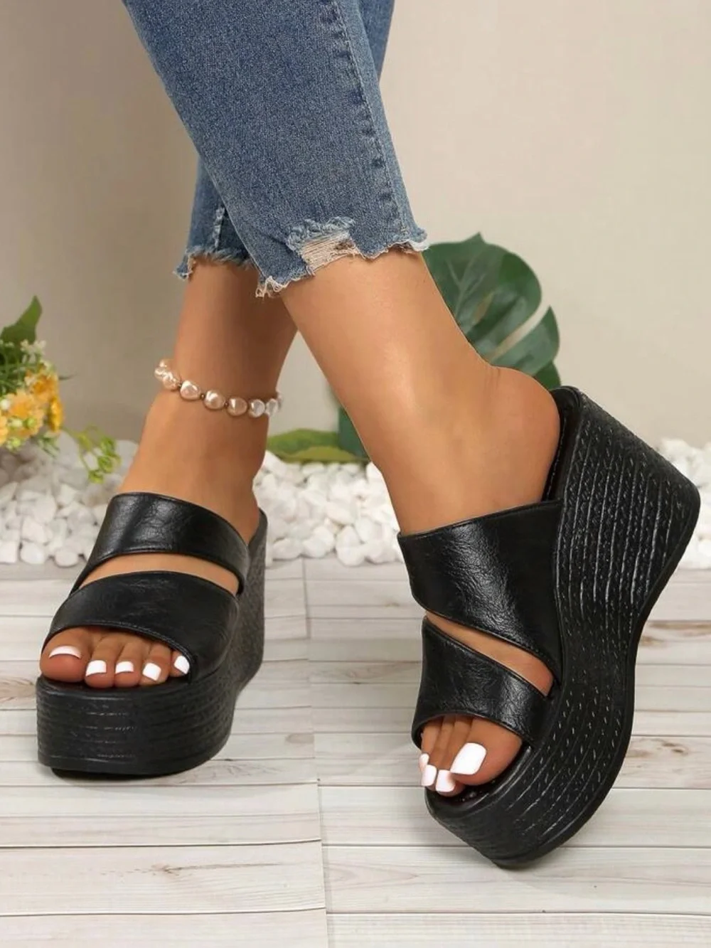 Women's Black Platform Slide Sandals - Sleek Wedge Comfort